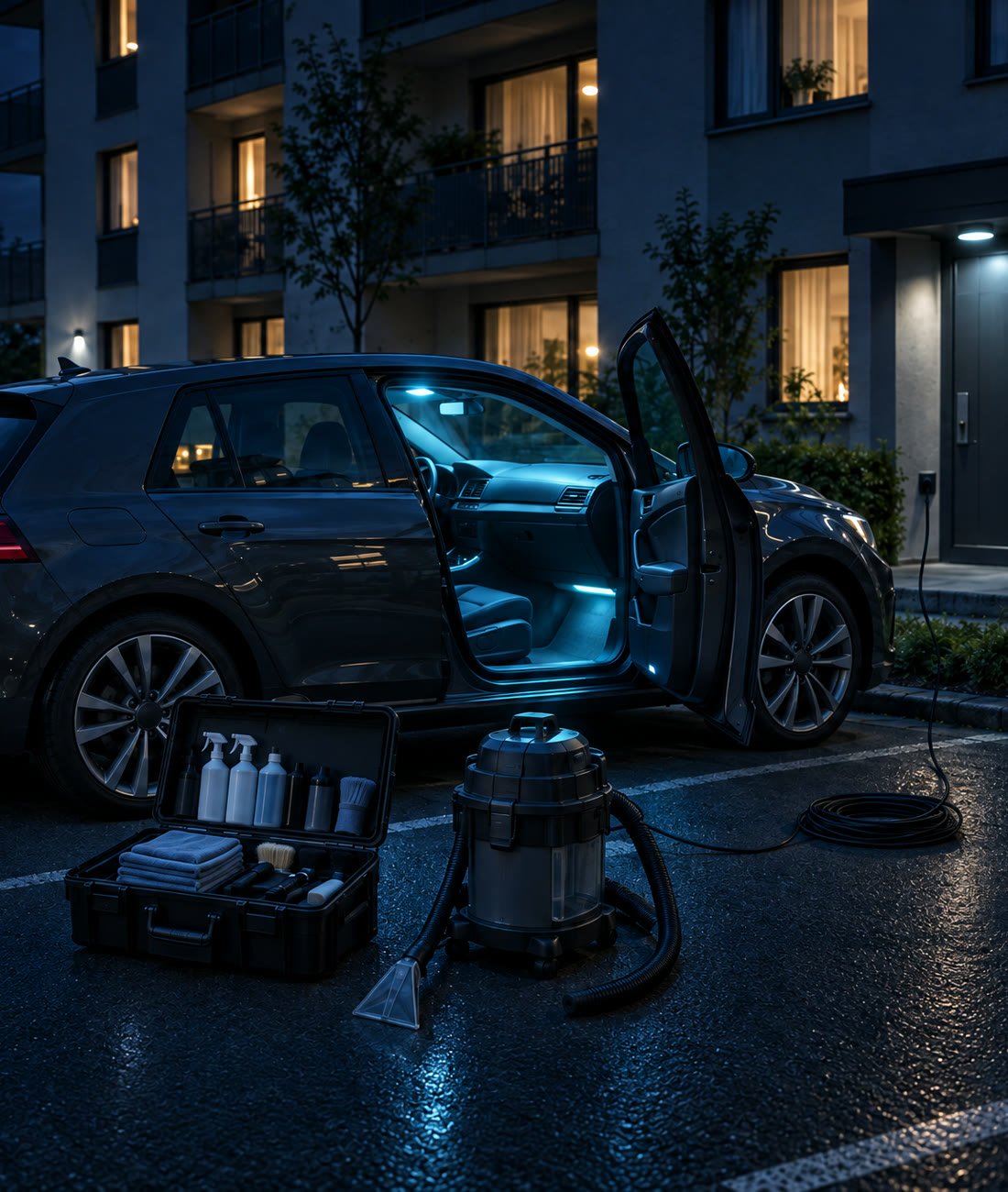 Auto z otwartymi drzwiami pod blokiem wieczorem, obok skrzynka ze sprzętem do detailingu i odkurzacz piorący
